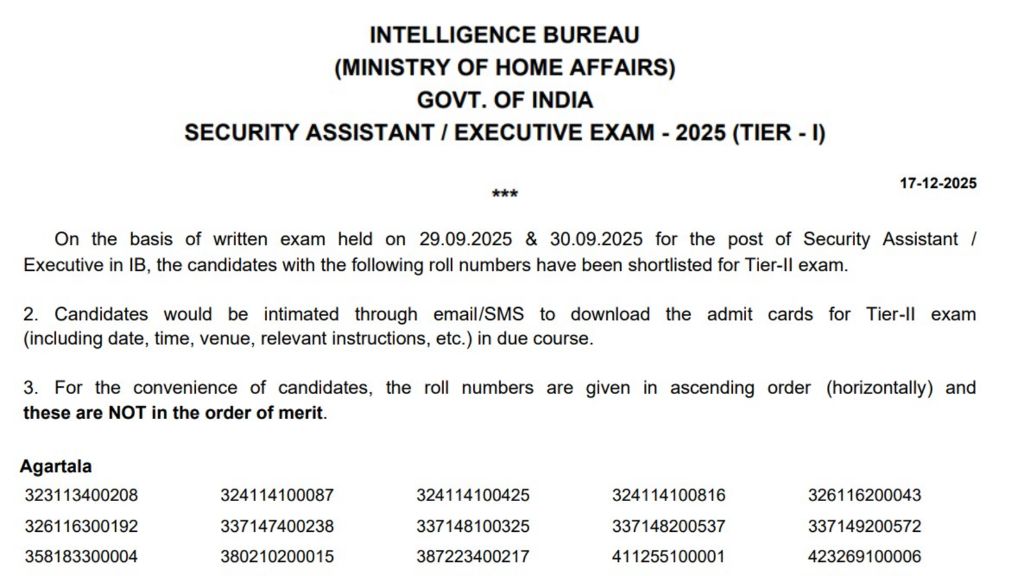 IB Security Assistant (Motor Transport) Result 2026