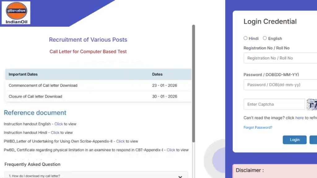 IOCL Non Executive Personal Admit Card 2026